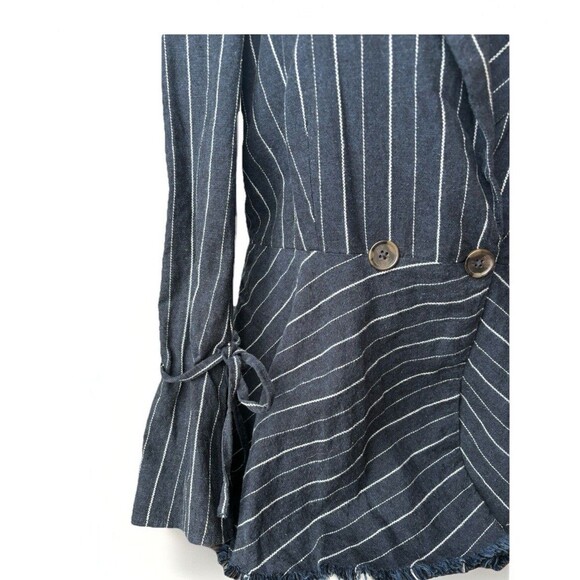 Free People Stella Blazer Size XS Navy Blue Striped Boho Linen Jacket - Picture 4 of 8
